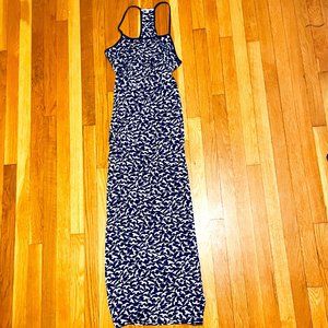 Dark Blue Flowy Floor Length Dress with White Bird Pattern